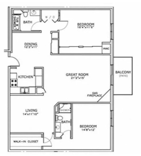 Floor plan for 2 beds, 2 baths, 1409 sqft